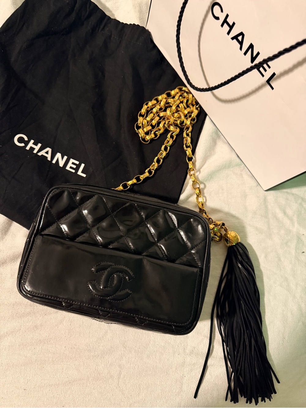 Chanel Black Quilted Patent Leather crossbody camera Bag with Gold Chain